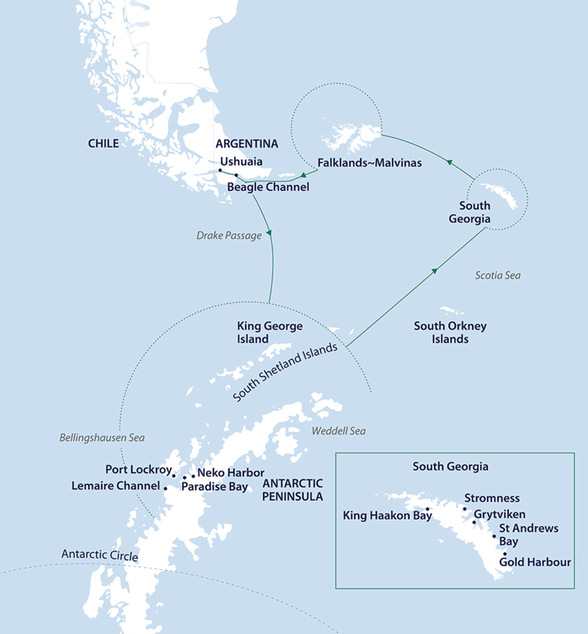  Malvinas, Georgia & Antártida <br>en el M/V Greg Mortimer o en el M/V Sylvia Earle